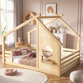 Sunvega White Twin House Floor Bed with Window and Shelf for Kids Room