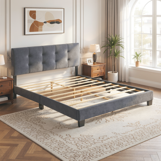 Sunvega Light Brown Velvet Upholstered Queen Platform Bed with Adjustable Height Headboard