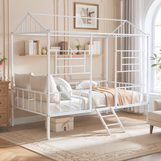 Sunvega Contemporary House Design Twin Bunk Bed With Full Metal Construction And Angled Ladder