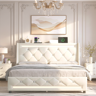 Sunvega Queen Size Bed Frame with Headboard LED Lights Charging Station Storage