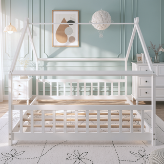 Sunvega White Full Size House Bed with Playhouse Design and Pinewood Frame