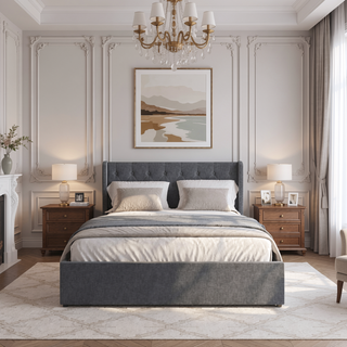 Sunvega Dark Grey Full Size Bed Frame with 4 Storage Drawers and Wingback Headboard