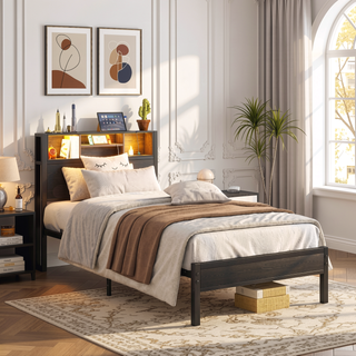 Sunvega Twin Size Bed Frame with Storage Headboard, Charging Station, and Bookcase