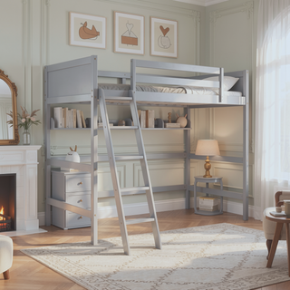 Sunvega Solid Wood Twin Size Loft Bed with Ladder and Guard Rails for Safety