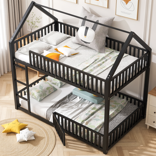 Sunvega Sturdy Metal Twin over Twin House Bunk Bed with Fence and Door