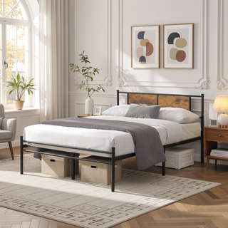 Sunvega Twin Size Metal Bed Frame with Wood Panel Headboard and Under Storage