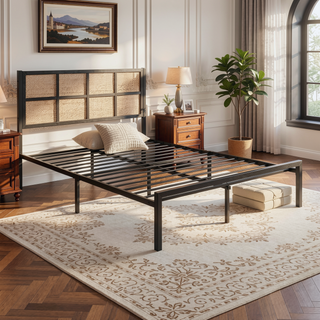 Sunvega White Faux Cane Panel Headboard King Platform Bed with Metal Frame