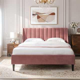 Sunvega Handmade Vertical Tufted Headboard Platform Bed Set in Light Beige Linen