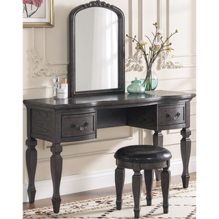 Sunvega Black Wooden Carved Vanity Set with Mirror Stool and Drawers