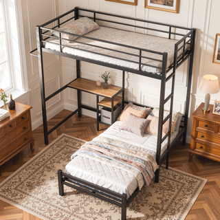 Sunvega Twin Over Twin Metal Bunk Bed with L-Shaped Desk Station and Storage Shelves
