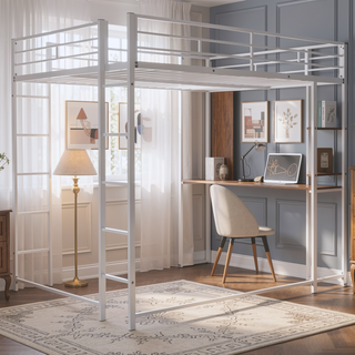 Sunvega Full Size Metal Loft Bed with Desk and 2 Shelves White