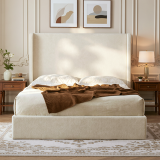 Sunvega Minimalist Upholstered Wingback Bed Frame with 54 Inch Headboard in Textured Ivory Canvas Chenille