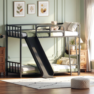 Sunvega Metal Bunk Bed with Slide Ladder and Safety Guard Rails for Kids