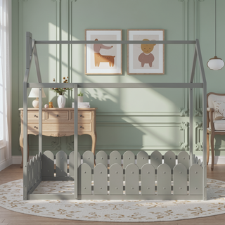 Sunvega Twin Size House Bed Frame with Fence and Roof for Kids and Teens