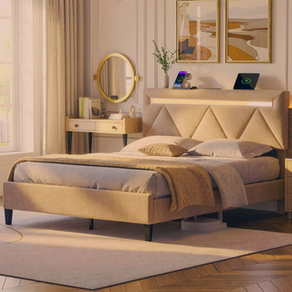 Sunvega Full Bed Frame with Headboard Upholstered Platform Charging Station LED Lights