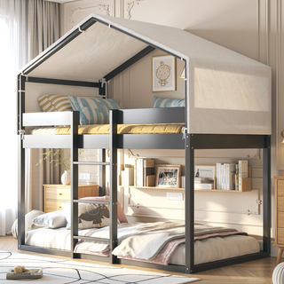 Sunvega Twin Over Twin Wood Bunk Bed with Playhouse Tent for Kids Room