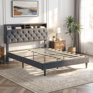 Sunvega Queen Size Upholstered Platform Bed Frame with USB Ports and Storage Headboard