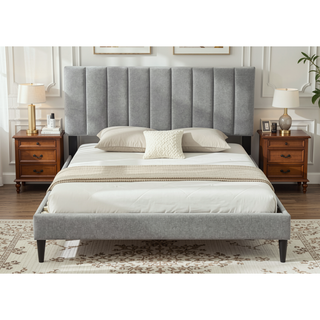 Sunvega Queen Upholstered Pleated Bed in a Box with Sturdy Dark Brown Frame