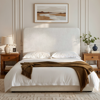 Sunvega Pearl White Chenille Upholstered King Bed with 52 Inch Tall Headboard