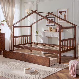 Sunvega Twin Size Wooden House Bed with Drawers and Headboard for Kids Room