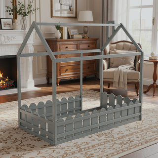 Sunvega Twin Size House Bed Frame with Fence and Roof for Kids and Teens