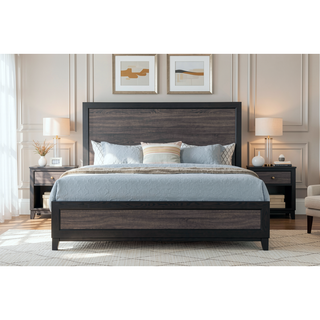 Sunvega Two-Tone Dark Gray and Black Queen Size Bed with Wood Inlay