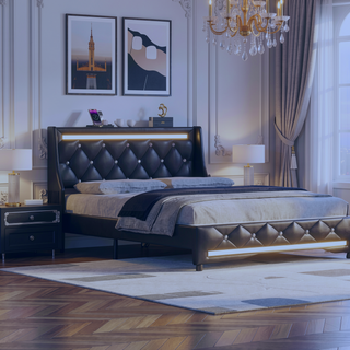 Sunvega Queen Size Bed Frame with Headboard LED Lights Charging Station Storage