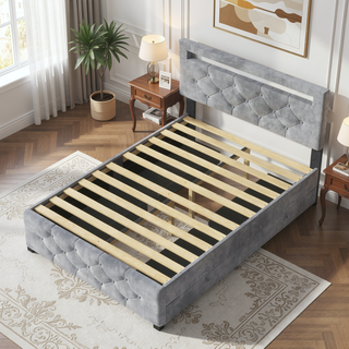 Sunvega Full Size Upholstered Platform Bed Frame with Headboard and USB Charging