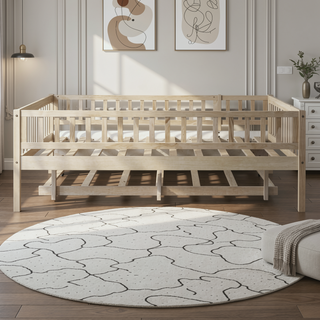 Sunvega Natural Twin Size Wood Daybed with Trundle and Fence Guardrails