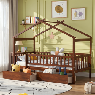 Sunvega Twin Size Wooden House Bed with Two Drawers and Headboard in White