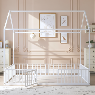 Sunvega White Twin Size Metal House Bed with Fence and Door for Kids