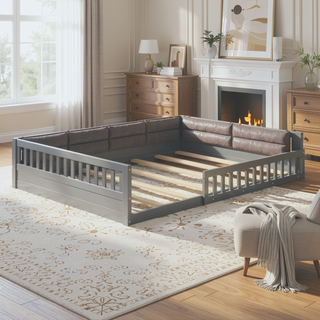 Sunvega Beige Full Size Upholstered Wood Platform Bed with Guardrail and Pillow