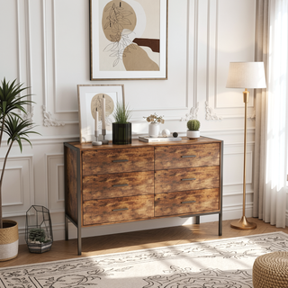 Sunvega Industrial Rustic Brown Wood Dresser with 4 Drawers and Steel Frame