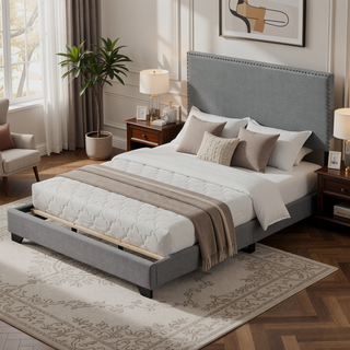 Sunvega Light Grey Queen Panel Bed with Nailhead Trim and Plush Upholstery