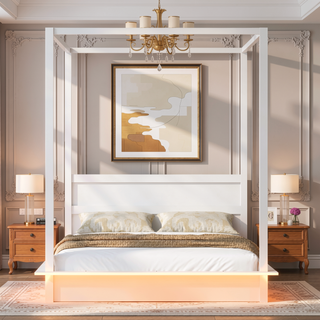 Sunvega Queen Size Wood LED Canopy Bed With Support Slats And Brushed Finish