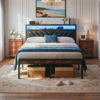Sunvega Queen Size Metal Platform Bed Frame with Adjustable Upholstered Headboard and LED Lights