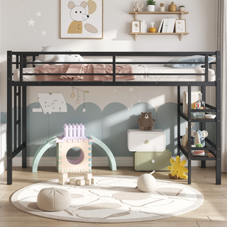 Sunvega Twin Size Metal Loft Bed with Storage Shelf and Safety Guardrails for Kids