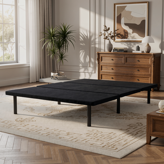 Sunvega Sleek Black Upholstered Twin Platform Bed Base with Ample Underbed Storage