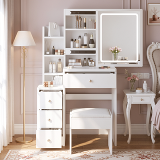 Sunvega Small Space Left Bedside Cabinet Vanity Table with Cushioned Stool
