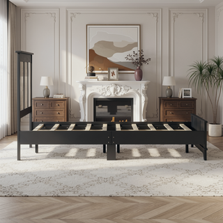 Sunvega White Farmhouse Queen Platform Bed with Wooden Strip Decoration and Plywood Slats