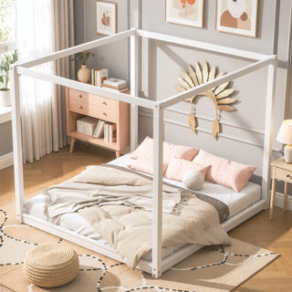 Sunvega White Queen Size Canopy Platform Bed with Support Legs and Sturdy Frame