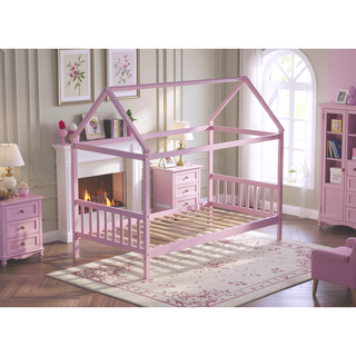 Sunvega Twin Rubber Wood House Bed with Headboard and Footboard in Light Grey
