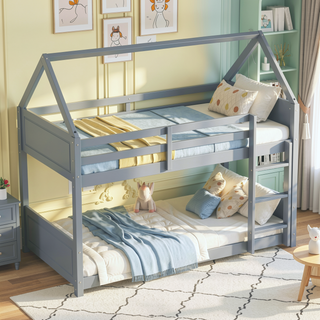 Sunvega Twin Over Twin House Floor Bunk Bed with Headboards and Guardrails Ladder