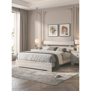 Sunvega Rustic Contemporary Platform Bed Frame with White Wash Finish and Slat Headboard