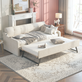 Sunvega Beige Upholstered Twin Daybed with Trundle and USB Charging Design
