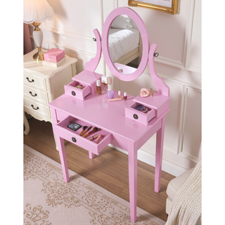 Sunvega Pink Wood Makeup Vanity Table and Stool Set with Mirror and Storage Drawers