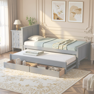 Sunvega Twin Size White Platform Bed with Trundle and Two Drawers for Storage