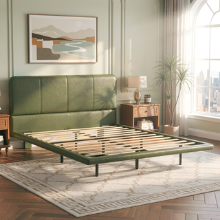 Sunvega Floating Bed Frame with Modern PU Leather Upholstery and Remote LED Lights Queen Size