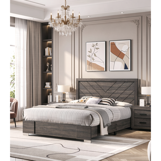 Sunvega Contemporary Grey Finish Queen Size Bed with Clean Lines Headboard