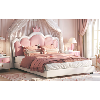 Sunvega Cream Pink Full Size Princess Bed with Crown Headboard and Footboard